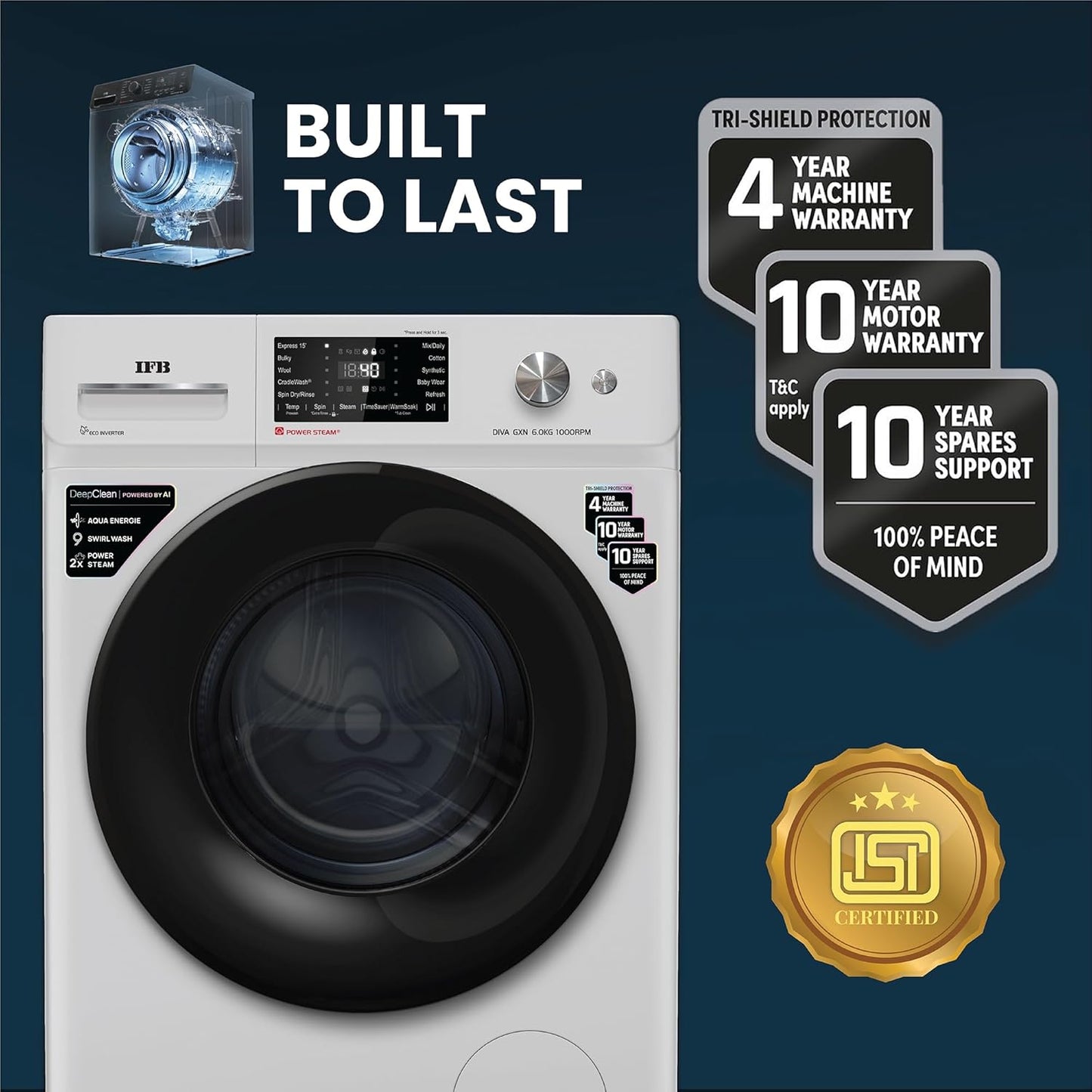 IFB 10 Kg 5 Star, DeepClean®, AI Powered, WiFi, Fully Automatic Front Load Washing Machine (EXECUTIVE PLUS MBN 1014KH, PowerSteam®, 9 Swirl, Steam Refresh, Inbuilt Heater, Eco Inverter, Grey White)