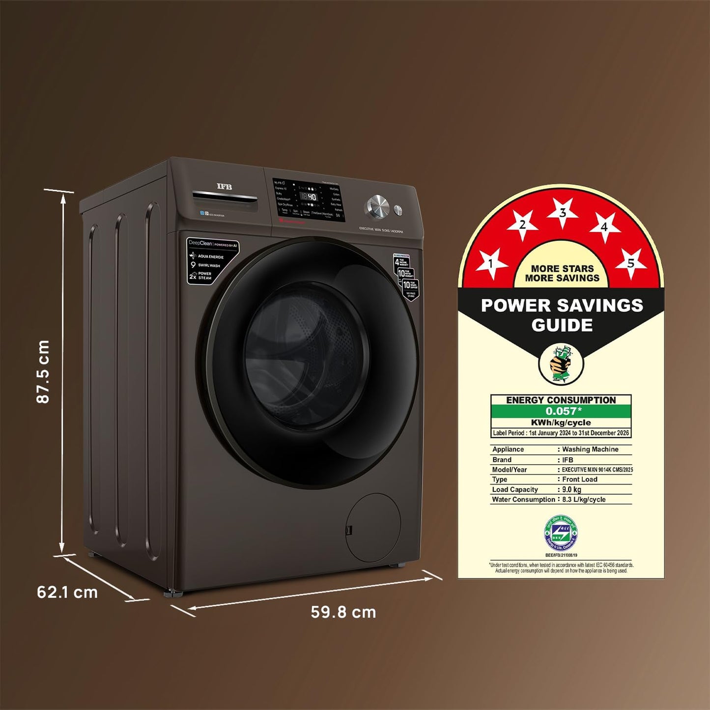 IFB 10 Kg 5 Star, DeepClean®, AI Powered, WiFi, Fully Automatic Front Load Washing Machine (EXECUTIVE PLUS MBN 1014KH, PowerSteam®, 9 Swirl, Steam Refresh, Inbuilt Heater, Eco Inverter, Mocha)