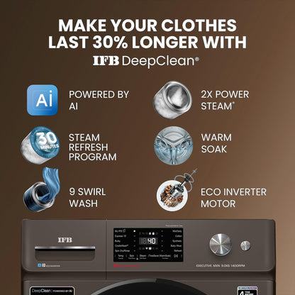 IFB 10 Kg 5 Star, DeepClean®, AI Powered, WiFi, Fully Automatic Front Load Washing Machine (EXECUTIVE PLUS MBN 1014KH, PowerSteam®, 9 Swirl, Steam Refresh, Inbuilt Heater, Eco Inverter, Mocha)