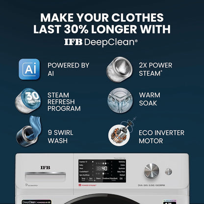 IFB 10 Kg 5 Star, DeepClean®, AI Powered, WiFi, Fully Automatic Front Load Washing Machine (EXECUTIVE PLUS MBN 1014KH, PowerSteam®, 9 Swirl, Steam Refresh, Inbuilt Heater, Eco Inverter, Grey White)