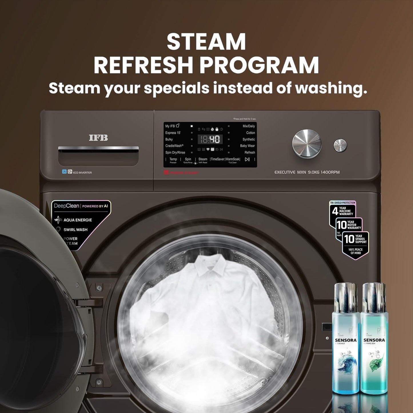 IFB 10 Kg 5 Star, DeepClean®, AI Powered, WiFi, Fully Automatic Front Load Washing Machine (EXECUTIVE PLUS MBN 1014KH, PowerSteam®, 9 Swirl, Steam Refresh, Inbuilt Heater, Eco Inverter, Mocha)