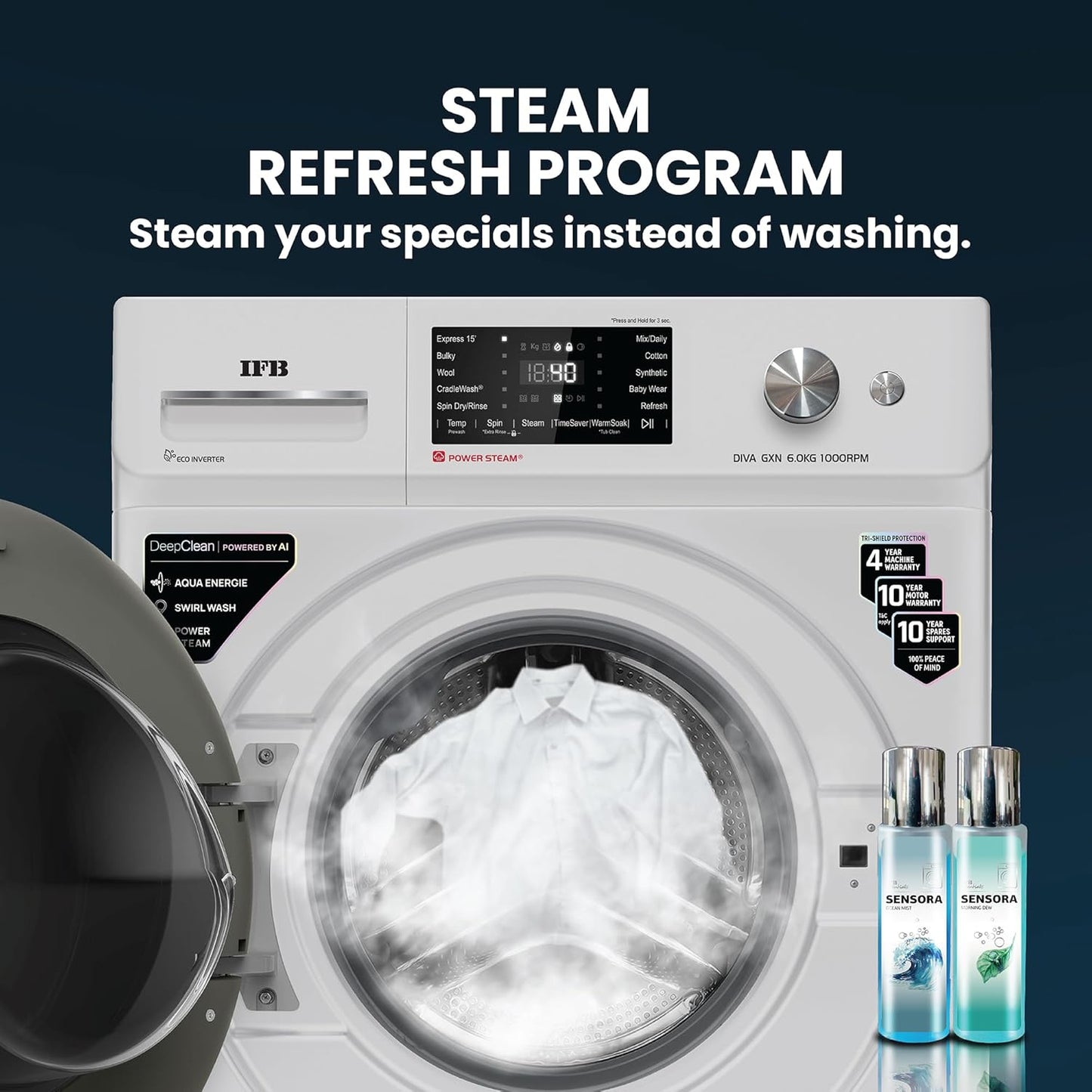 IFB 10 Kg 5 Star, DeepClean®, AI Powered, WiFi, Fully Automatic Front Load Washing Machine (EXECUTIVE PLUS MBN 1014KH, PowerSteam®, 9 Swirl, Steam Refresh, Inbuilt Heater, Eco Inverter, Grey White)