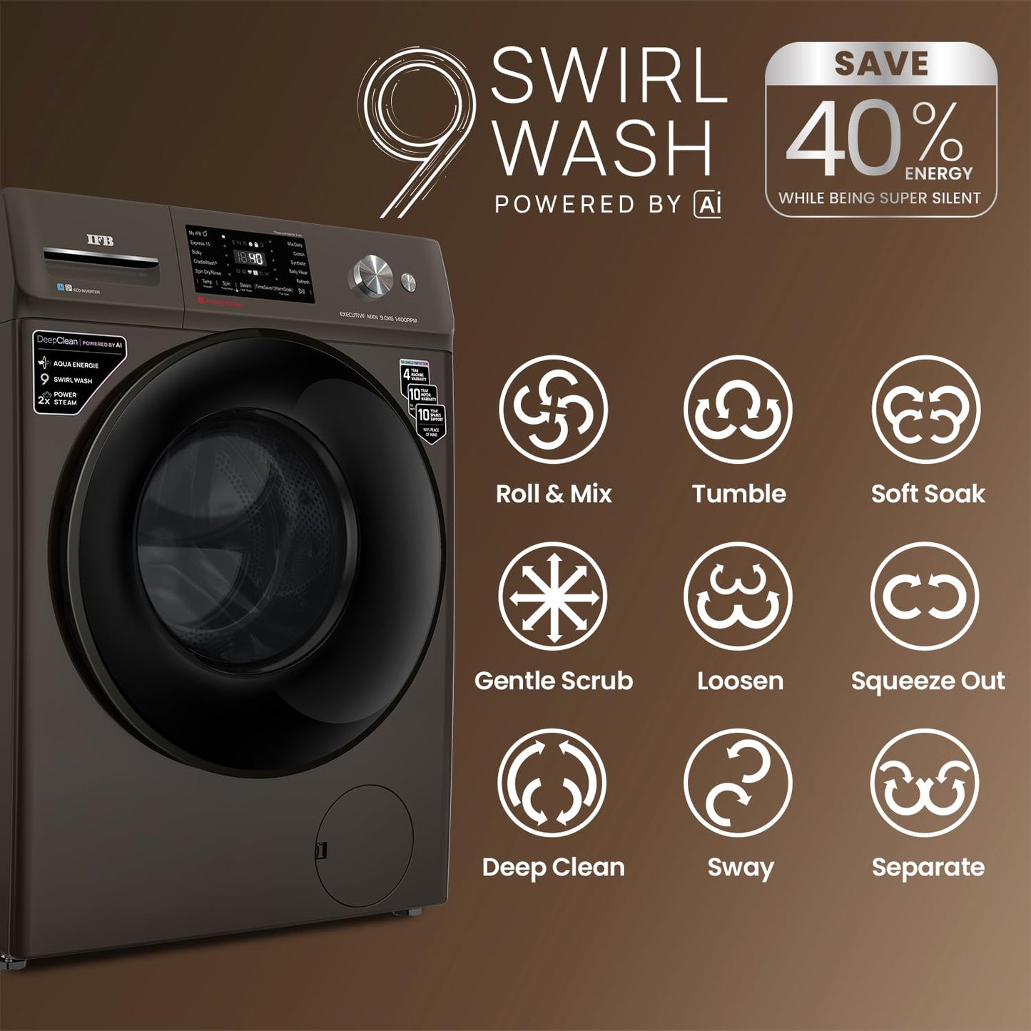 IFB 10 Kg 5 Star, DeepClean®, AI Powered, WiFi, Fully Automatic Front Load Washing Machine (EXECUTIVE PLUS MBN 1014KH, PowerSteam®, 9 Swirl, Steam Refresh, Inbuilt Heater, Eco Inverter, Mocha)