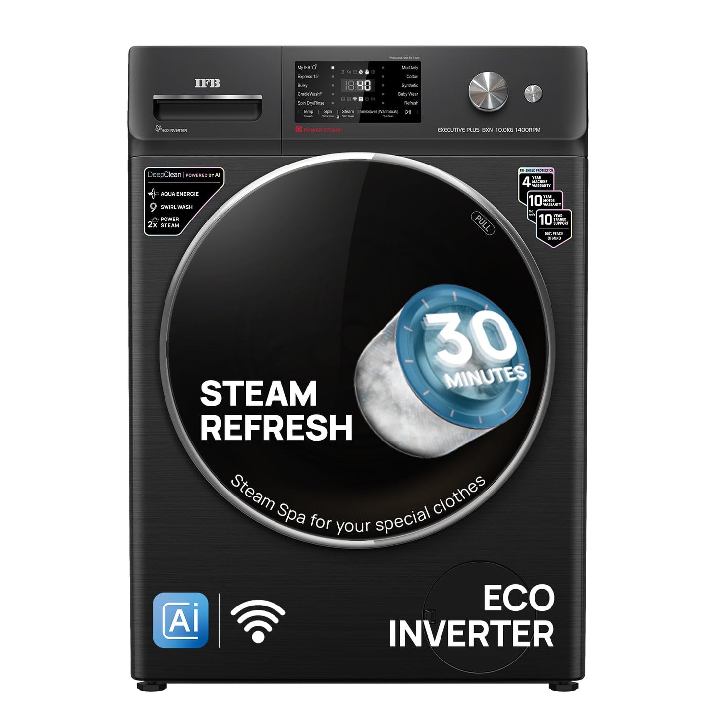 IFB 10 Kg 5 Star, DeepClean®, AI Powered, WiFi, Fully Automatic Front Load Washing Machine (EXECUTIVE PLUS BXN 1014KH, PowerSteam®, 9 Swirl, Steam Refresh, Inbuilt Heater, Eco Inverter, Black VCM)