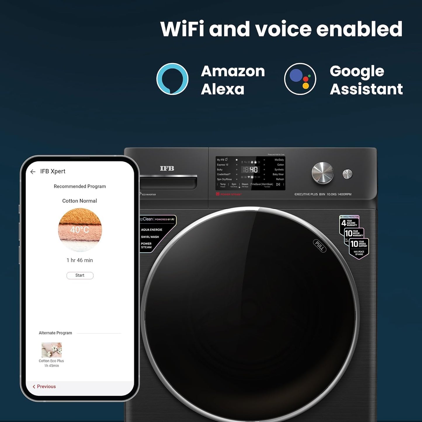 IFB 10 Kg 5 Star, DeepClean®, AI Powered, WiFi, Fully Automatic Front Load Washing Machine (EXECUTIVE PLUS BXN 1014KH, PowerSteam®, 9 Swirl, Steam Refresh, Inbuilt Heater, Eco Inverter, Black VCM)