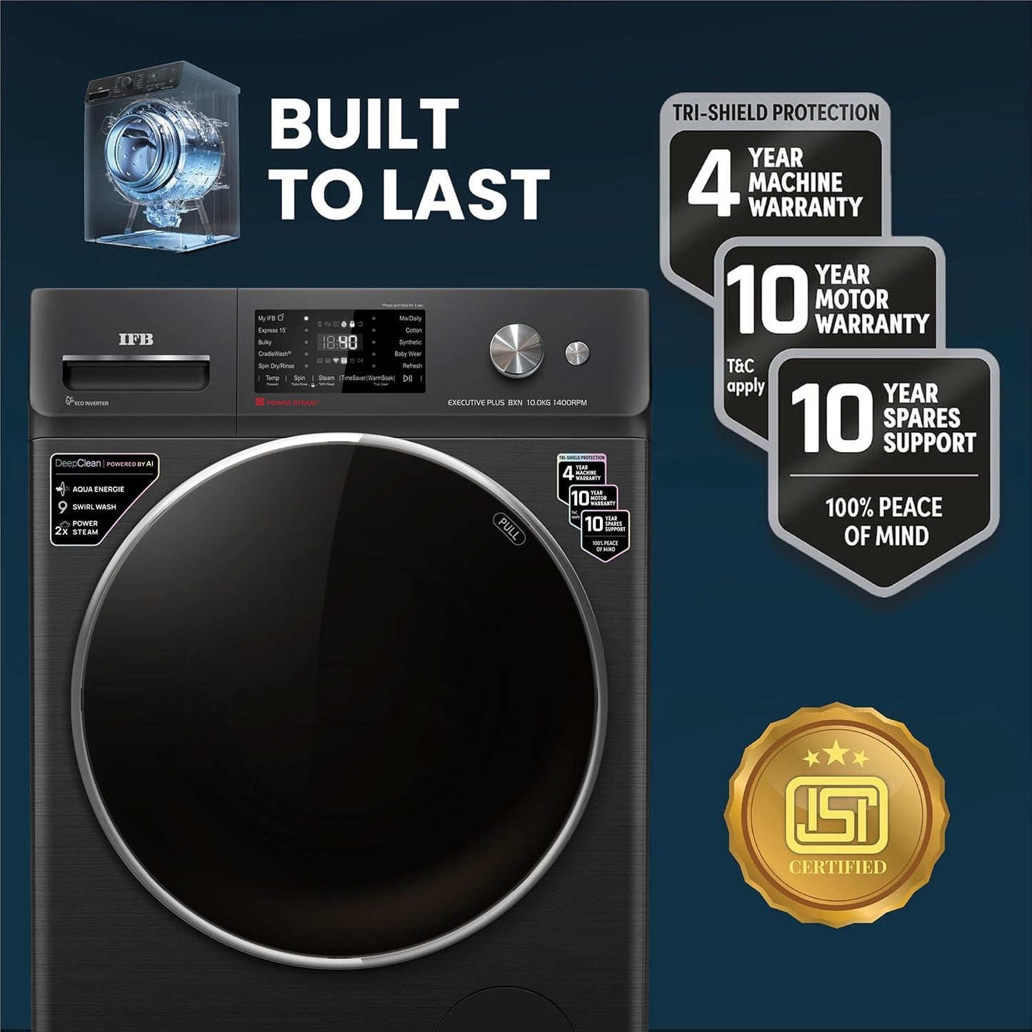 IFB 10 Kg 5 Star, DeepClean®, AI Powered, WiFi, Fully Automatic Front Load Washing Machine (EXECUTIVE PLUS BXN 1014KH, PowerSteam®, 9 Swirl, Steam Refresh, Inbuilt Heater, Eco Inverter, Black VCM)