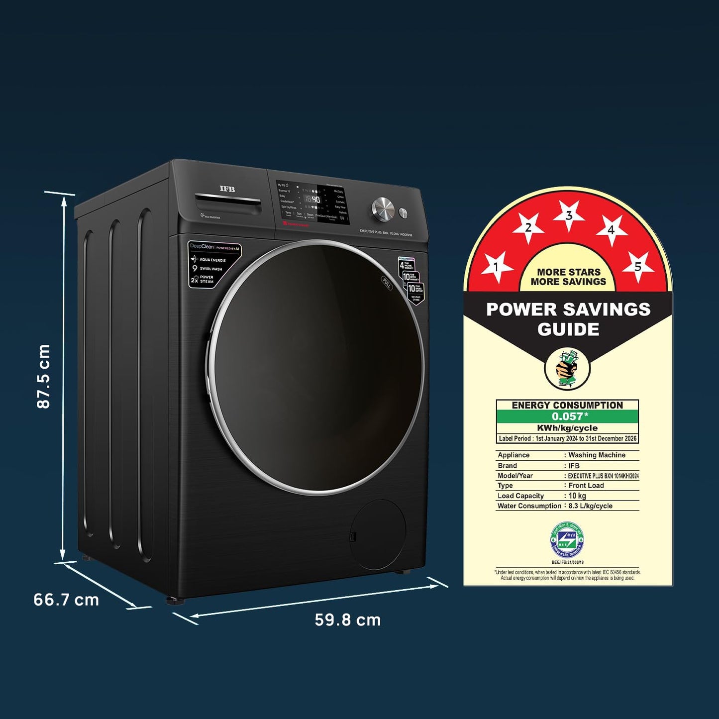 IFB 10 Kg 5 Star, DeepClean®, AI Powered, WiFi, Fully Automatic Front Load Washing Machine (EXECUTIVE PLUS BXN 1014KH, PowerSteam®, 9 Swirl, Steam Refresh, Inbuilt Heater, Eco Inverter, Black VCM)