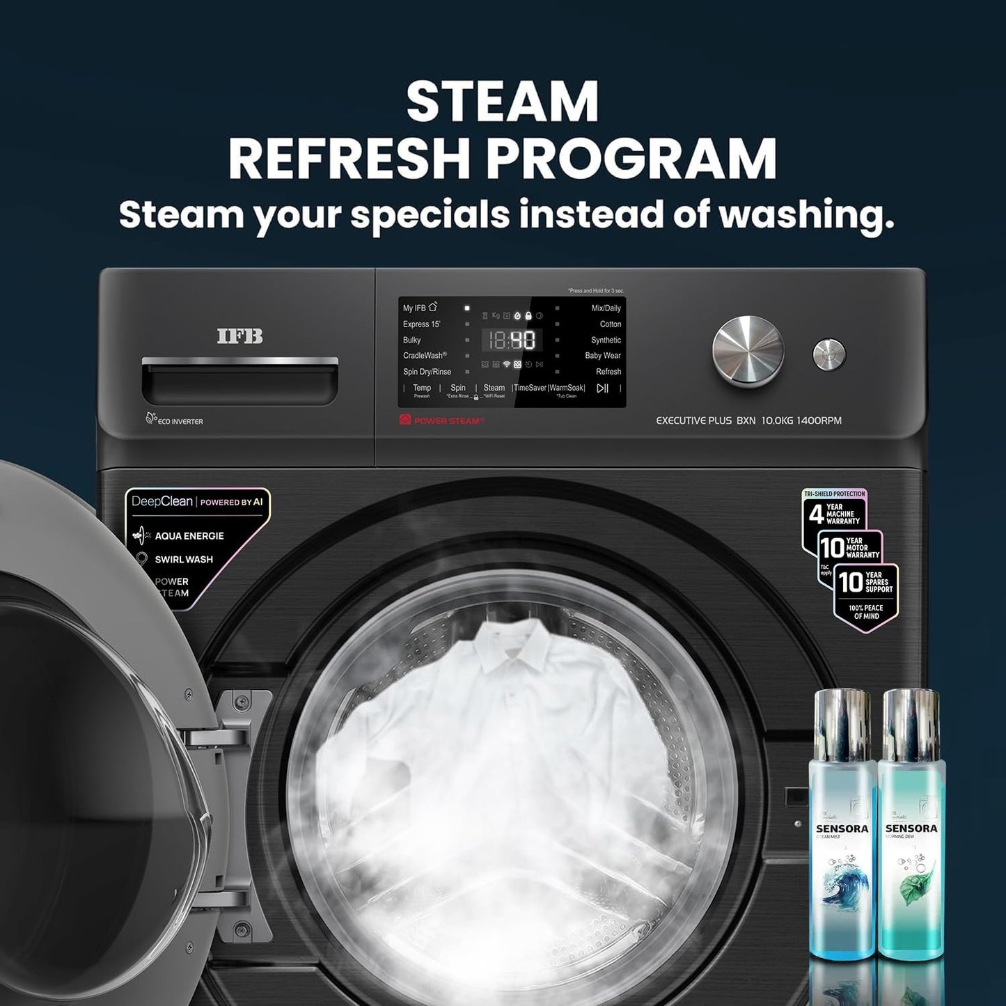 IFB 10 Kg 5 Star, DeepClean®, AI Powered, WiFi, Fully Automatic Front Load Washing Machine (EXECUTIVE PLUS BXN 1014KH, PowerSteam®, 9 Swirl, Steam Refresh, Inbuilt Heater, Eco Inverter, Black VCM)